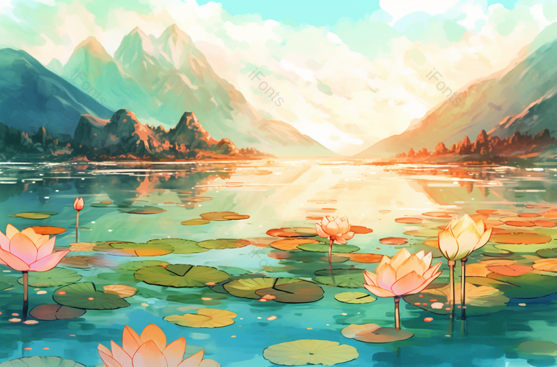 山水间夕阳照耀湖面荷花,插画/手绘图,插画/手绘图库,插画/手绘图下载,插画/手绘